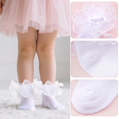 2 Pack Girls Ruffle Lace Socks Novelty Pearls Frilly Dress Fancy Ruffled Socks for Toddler Little Girls3