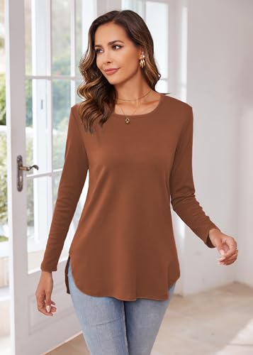 Image of Herou Women's Casual Long /Short Sleeve T Shirt Crewneck with Side Split Fall Pullover Loose Tunic Sweater Tops