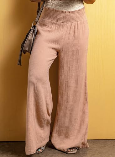 Solid Lightweight Smocked Waist Crinkled Wide Leg Pants3