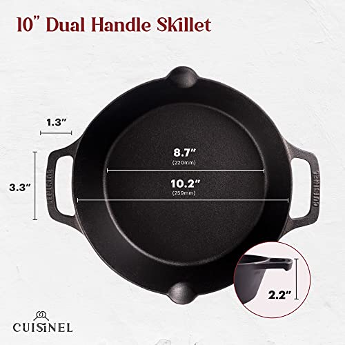 Image of Cast Iron Skillet - 10 inch-Inch Dual Handle Frying Pan + Silicone Handle Holder Covers + Pan Scraper - Pre-Seasoned Oven, Grill, Fire, BBQ, Stovetop, Induction Kitchen Cookware - Indoor /Outdoor Use