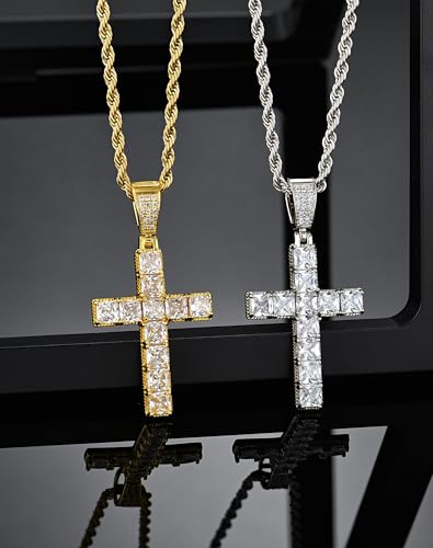 YL Cross Iced Out Mens Necklace, 18K Gold Plated Jesus Christ Bible Verse American Flag 5A+ Cubic Zirconia Pendant Jewelry Gifts for Women2