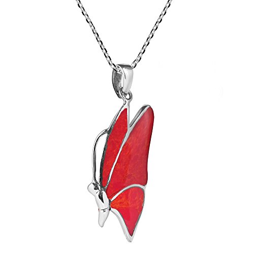 AeraVida Flying Monarch Butterfly Reconstructed Red Coral .925 Sterling Silver Pendant Necklace - Image 3