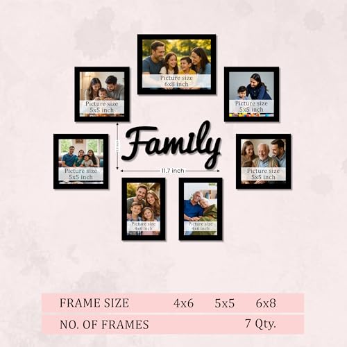 Image of Art Street Decorative Premium Set of 7 Individual Wall Photo Frame with Family MDF Wall Plaque - Black