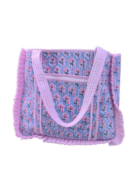 Large Size Indian Handmade Cotton Quilted Tote Bag Decorative Block Print Shoulder Bag Beautiful Women Travel Bag Vintage Floral Print Weekender Bags With Fringe