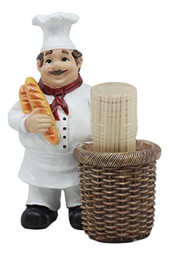 Ebros Pastry Head Chef Jean Holding Baquette Bread With Faux Wicker Basket Toothpick
