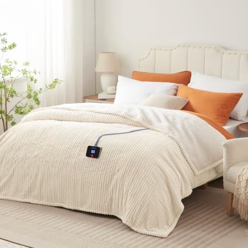Image of Westinghouse Electric Blanket Twin, Flannel Sherpa, 62x84 Inch,Cream White | Twin Size Heated Blanket with 10 Heating Levels & 1-12 Hours Auto Shut Off, Fast Heating Warming Blanket, Machine Washable