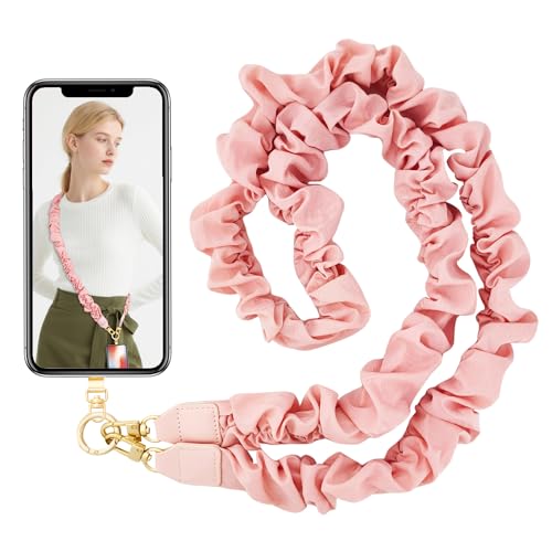 Image of Yiflin Phone Lanyard Crossbody,Cute Scrunchie Cell Phone Lanyard,Universal Phone Strap for Women with Metal Phone Tether Tab (Pink)