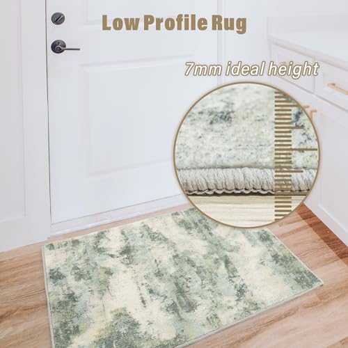 Carvapet Rugs for Entryway, 24"x36" Green Modern Abstract Low Pile Carpet with Rubber Backing, Foldable, Non Slip Machine Washable Entrance Mat (3 x 2 Feet Rectangular, Sage Green Area Rug)
