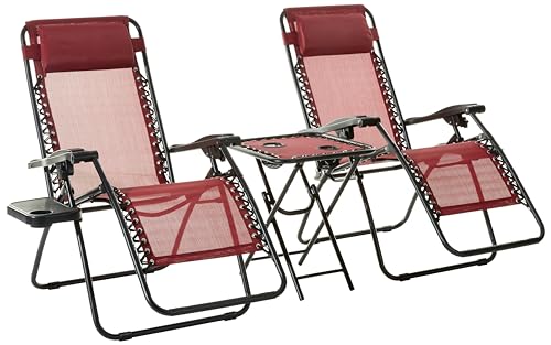 Amazon Basics Textilene Outdoor Adjustable Zero Gravity Folding Reclining Lounge Chair with Side table and Pillow - Pack of 2, Red