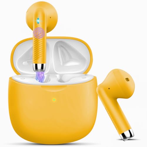 Wireless Earbuds, Bluetooth 5.4 Headphones in Ear with Noise Cancelling Mic, Bluetooth Earbuds Stereo Bass, IP7 Waterproof Sports Earphones, 32H Playtime USB C Charging Ear Buds Yellow for Android iOS