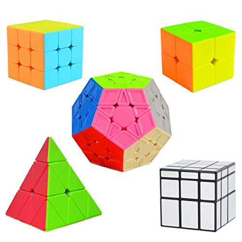 Cooja Cubos de Velocidad, 5 Piezas Speed Cube Set 2x2 + 3x3 + Pyraminx + Megaminx + Mirror Cube, Smooth Magic Cube Puzzle Durable Regalo de Juguetes para Niños Niñas