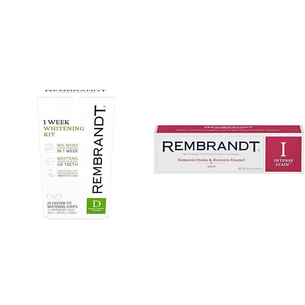 REMBRANDT 1 Week Teeth Whitening Kit with 28 Strips + 2 Tubes Intense Stain Whitening Toothpaste