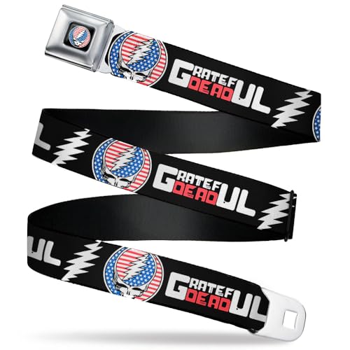 Grateful Dead Belt, Seatbelt Buckle Belt, Grateful Dead Text and Steal Your Face Stars and Stripes Logo, Youth 20 to 36 Inches