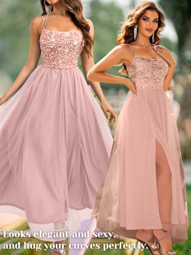 Image of ShawGobow Tulle Prom Dress with Slit,Sequin Backless Long Flowy Dresses for Women,Sexy Sparkly Outfits Homecoming Wedding