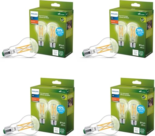PHILIPS LED 60W A19 8-Pack Ultra Efficient Soft White (2700K) 850 Lumen (5W = 60W) Clear Flicker-Free Light Bulbs