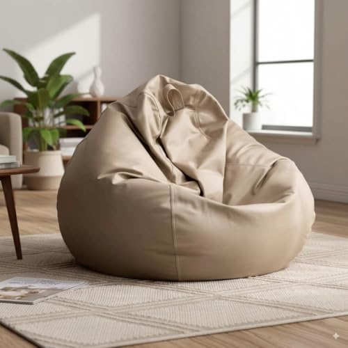Image of 4XL Faux Leather Tear Drop Bean Bag Cover with Handle (Without Beans) Large Beige Bean Bag Sofa Cover for Adults & Kids Comfortable Lounge Chair for Living Room & Bedroom