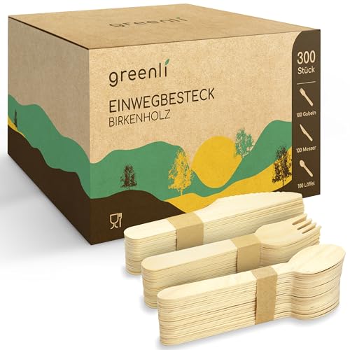 greenli® Einwegbesteck Set - 300 Holzgabeln, Holzmesser und Holzlöffel - Nachhaltiges Holzbesteck Einweg