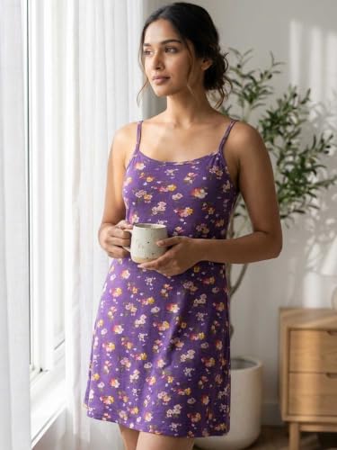 Image of Inner Sense Organic Cotton Nighty for Women Stylish I Above Knee Length Spaghetti with Scoop Neck Design I Adjustable Straps Camisole for Woman to Wear Solo or Layered