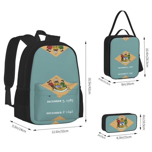 Flag Of Delaware Print 3 Piece Set Backpack, Lunch Bag, Pencil Case, Cute Sturdy For College And Travel4