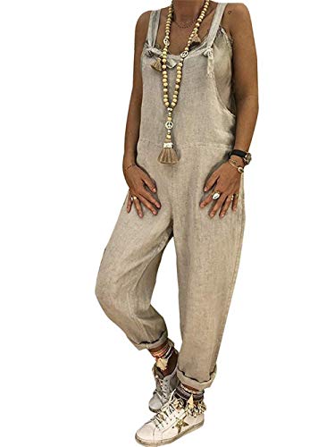 DOTBUY Salopette Femme en Lin Été Jumpsuit Combinaisons avec Poches Casual Loose Large Ample Harem Sarouel Pantalon Unie Playsuit Barboteuses (2XL,Gris)