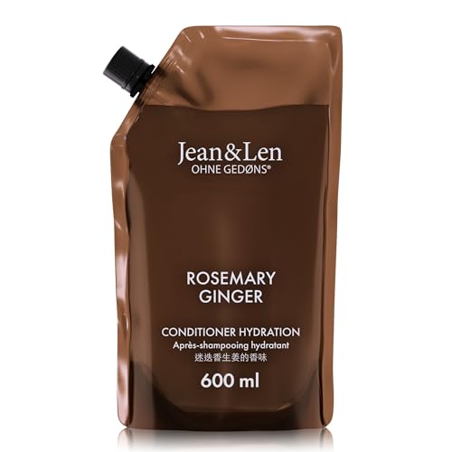 Jean & Len Conditioner Moisture Rosemary & Ginger in confezione di ricarica, nutre intensamente e migliora la pettinabilità, confezione di ricarica, fragranza speziata, senza siliconi e parabeni 600ml