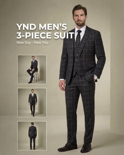 Image of YND Men's 3 Piece Suit with Tie, Solid Color Slim Fit Jacket Vest and Pants