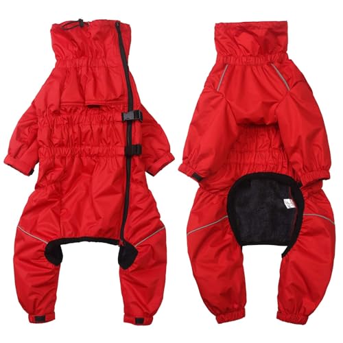 babepet Hunde Wintermantel 1/2 Hosenanzug mit Beinen, Wasserdicht Regendicht Hund Jumpsuit mit Fleece Futter, Winddicht, reflektierend, für Kleine und mittelgroße Hunde-Rot-M