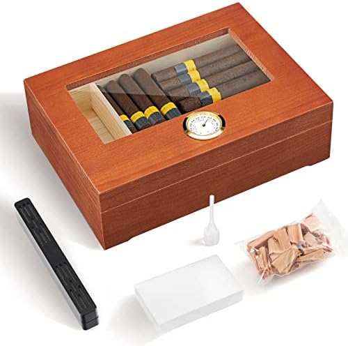 Humidor Cigar Box, Large Cigar Box for 20-30 Cigars, Cigar Humidors with Humidifier & Hygrometer, 20-30 Ct. Cedar Wood Desktop Cigar Humidor