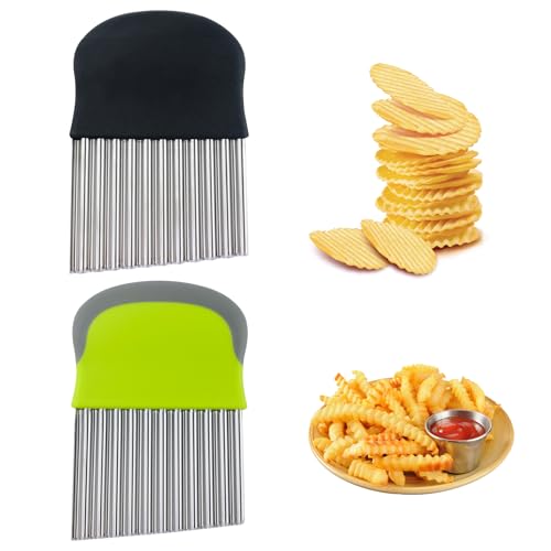 Cortador de Patatas, Cortador de ondas, Cortadora de Verduras, Patatas Cortador Ondulado de Acero Inoxidable, para Papas Fritas, Frutas, Verduras y Mantequilla, Negro y Verde