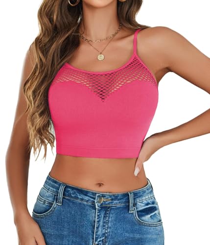 Avidlove Sexy Tops for Women Fishnet Top Mesh Bralettes High Neck Tops Cami Short Going Out Top (Rose Pink, L)