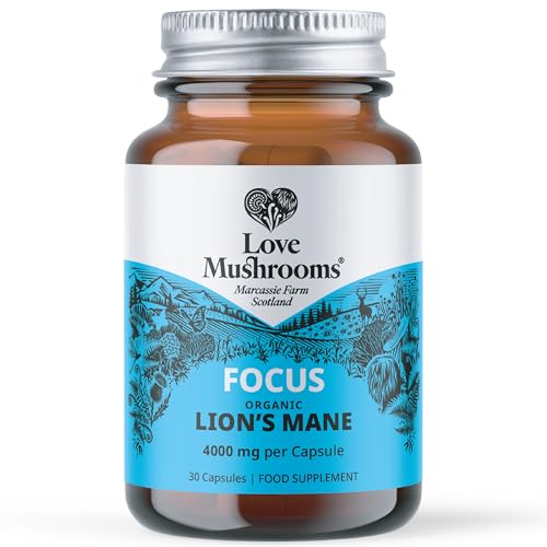 Love Mushrooms - Organic Lion's Mane Capsules - Deep Focus - 4000mg Capsule - Lions Mane Supplement for Memory and Focus Support - Vegan and Made in The UK - 30