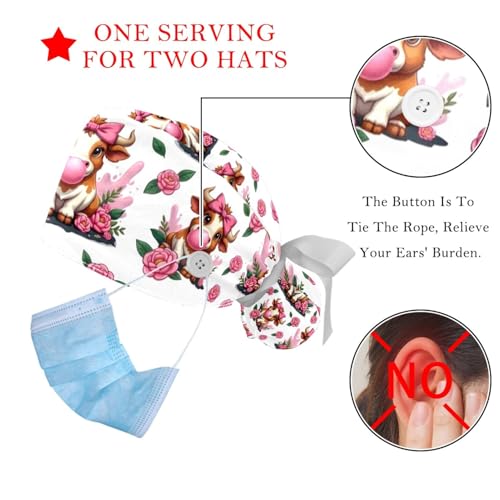 Image of 2 PCS Bouffant Cap with Button Ponytail Pouch Working Cap Sweatband Adjustable Surgical Cap Black and White Cow