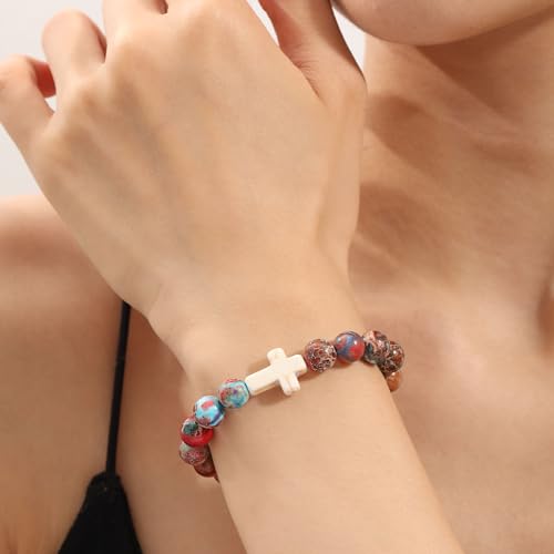 Image of Cross Bracelets for Women, Christian Gifts for Women Stocking Stuffers for Teens Cross Bracelet Imperial Nature Stone Bead Bracelet Confirmation Baptism Gift for Teen Girls Christmas Religious Gift Cathlic Faith Jewelry
