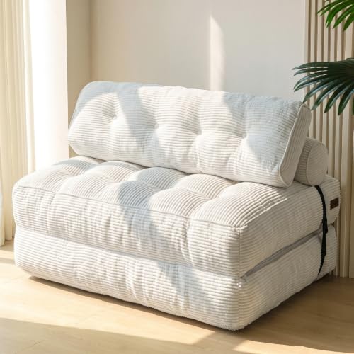 Image of MAXYOYO Folding Sofa Bed, Convertible Chair Bed with Pillow | Foldable Couch with Back Support, Portable Fold Out Chair Comfy Floor Sofa for Living Room Bedroom, Beige, Double