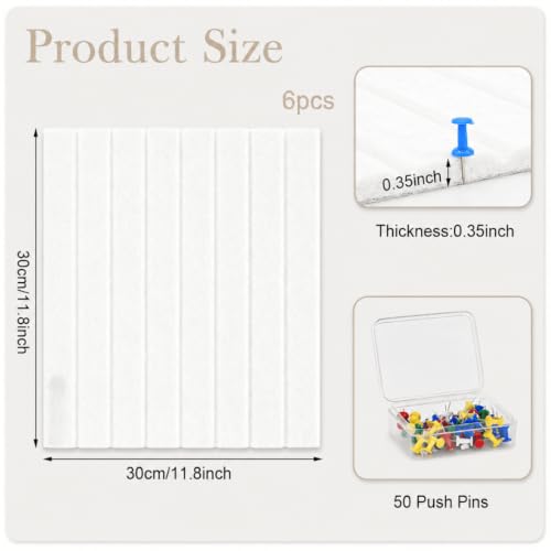 Image of QUIET CANVAS Acoustic Wall Slat Pinboard, 1x1ft, Pack 6, 50 PushPins White