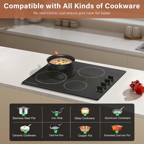 Image of 24 inch Built-In 4 Burner Electric Cooktop, Dual-Ring Burners, 6700W Radiant Stove Top with Knob Control, Residual Heat Indicator & Auto Shut Off, 220-240v Hardwire(No Plug)