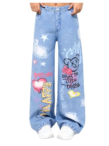 GORGLITTER Girl's Baggy Wide Leg Jeans Cartoon Graphic Flare Y2k Elastic Waist Denim Jean Pants