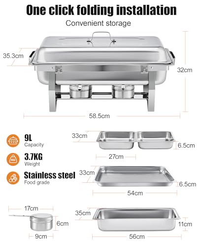 WENMILY Chafing Dish Buffet Set 9L[Robust und hochwertig],2pcs Edelstahl Warmhaltebehälter[Rollrand-Design],Speisenwärmer für Catering Buffet und Party (Quadrat Silber - 2 Sets 1/2+1/1 GNContainers)