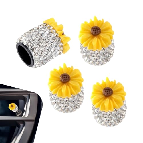 Zehiony 4 PCS Bling Car Tire Valve Stem Caps, 3D Daisy Rhinestone Cover, Anti-leak Air Valve Cap, for Girls Women (Yellow)