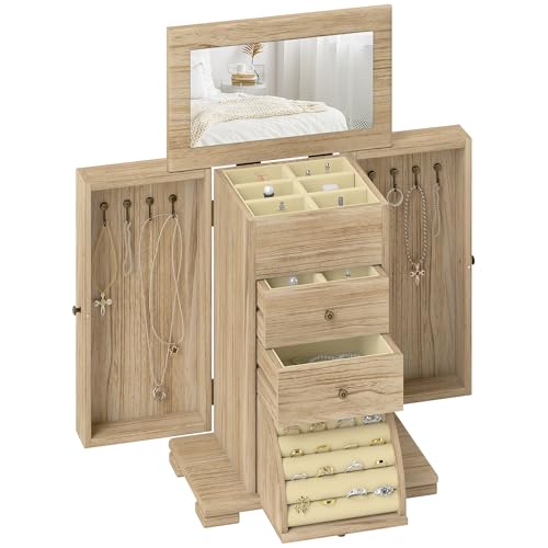 HOMCOM Boîte à bijoux femme à 4 niveaux, coffre à bijoux en bois avec ailes, miroir et 2 tiroirs pour bagues, boucles d'oreilles, colliers et bracelets, marron