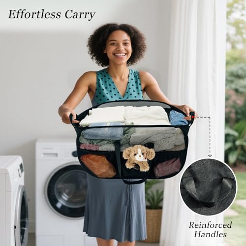 Image of Upgraded Cationic XL Collapsible Laundry Baskets, 100L Extra Large Mesh Pop Up Hamper with Handles and bag, Portable Stair Basket, Dirty Clothes Hamper for Cruise Travel Bedroom. Black