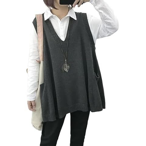 jinghuiyue Women's Oversized Sweater Vest Fall V Neck Sleeveless Pullover Sweater Loose Knitted Tunic Tops with Pockets(Dark Grey-M) Cover