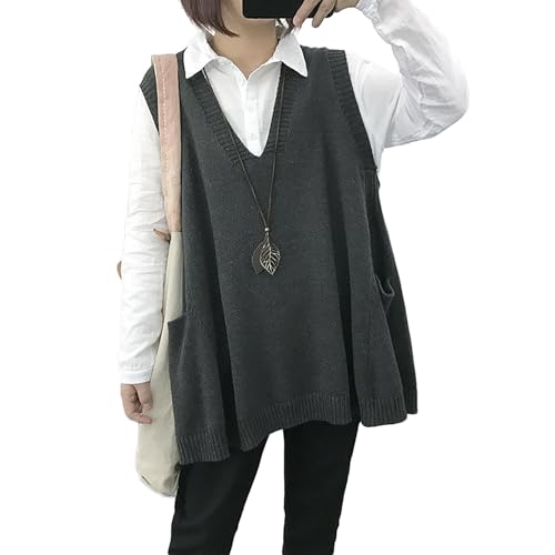 Image of jinghuiyue Women's Oversized Sweater Vest Fall V Neck Sleeveless Pullover Sweater Loose Knitted Tunic Tops with Pockets