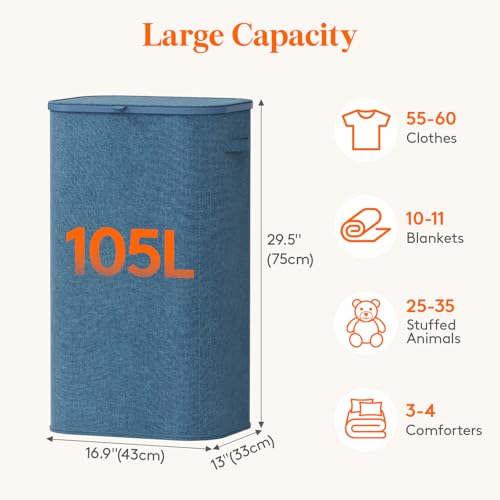 Image of Lifewit 105L Large Laundry Basket with Lid, Laundry Hamper with Plastic Handles and Removable Bag, Foldable Tall Dirty Clothes Hampers for Laundry for Laundry Room, Bedroom, Bathroom, Dorm, Dark Blue
