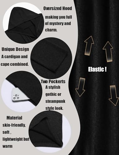 Men's Long Hooded Cardigan Ruffle Shawl Collar Open Front Lightweight Drape Cape with Pockets4