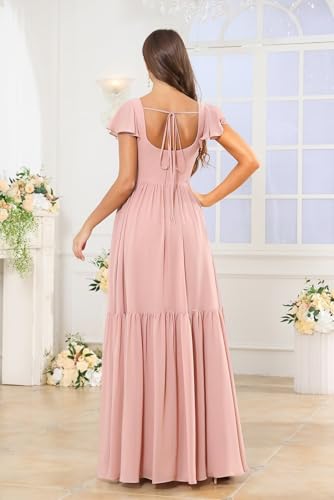 Modest Long Bridesmaid Dresses with Sleeve Square Neck Chiffon Wedding Guest Dress with Slit2