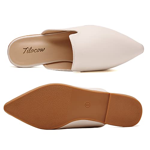 Tilocow Mules For Women Flats Pointed Toe Slip On Backless Loafers Flat Mule Business Casual Shoes Slides Beige #TOP7