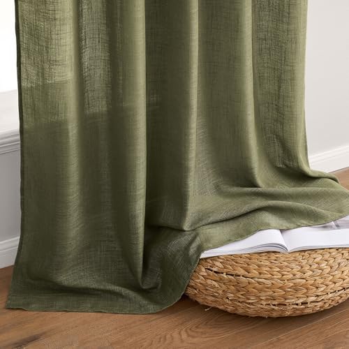 MIULEE Light Olive Green Linen Curtains 63 Inch Length 2 Panels for Bedroom Living Room, Soft Linen Textured Natural Kitchen Window Drapes Semi Sheer Light Filtering Back Tab Rod Pocket Burlap Look