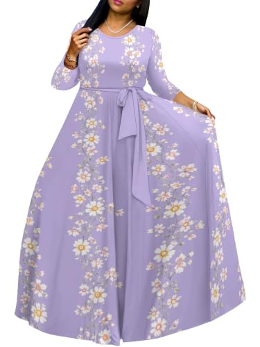 Image of Women Plus Size Long Sleeve V Neck Maxi Dress with Belt | Soft fabric relaxed fit three quarter sleeve v neck with pockets for party and daily wear