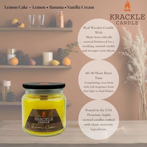 Image of Krackle Candle | Lemon Cake | 16 oz Scented Candle with Natural Crackling Wooden Wick | Poured in the USA | Lemon, Banana & Vanilla Cream Fragrance